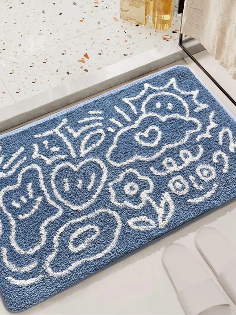 Plush Blue Floral & Hearts Bath Mat by